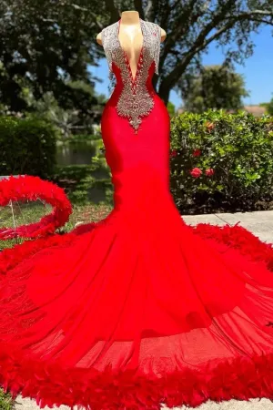 Deep V-Neck Red Bodycon Prom Dresses Sleeveless Beads Party Gown with Fur