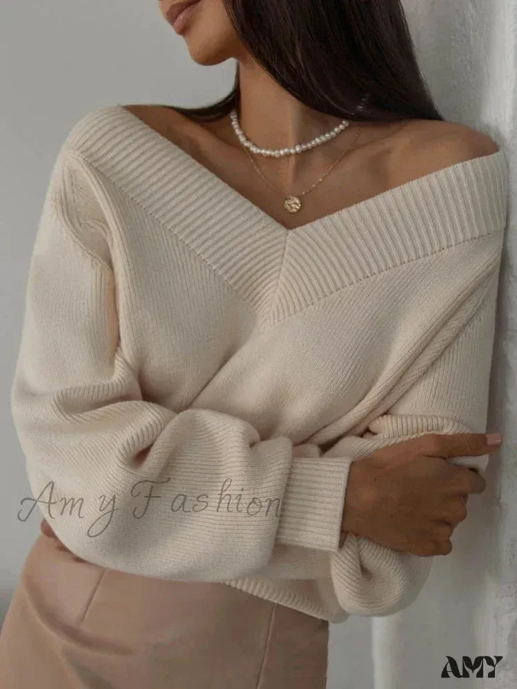 Fashion Woman Winter 2024 Vintage Oversize Female Knitted Top V-neck Long Sleeve Cozy Chic Autumn Sweater