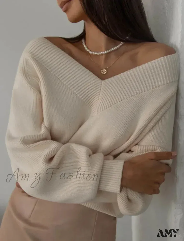 Fashion Woman Winter 2024 Vintage Oversize Female Knitted Top V-neck Long Sleeve Cozy Chic Autumn Sweater