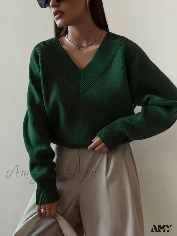 Fashion Woman Winter 2024 Vintage Oversize Female Knitted Top V-neck Long Sleeve Cozy Chic Autumn Sweater