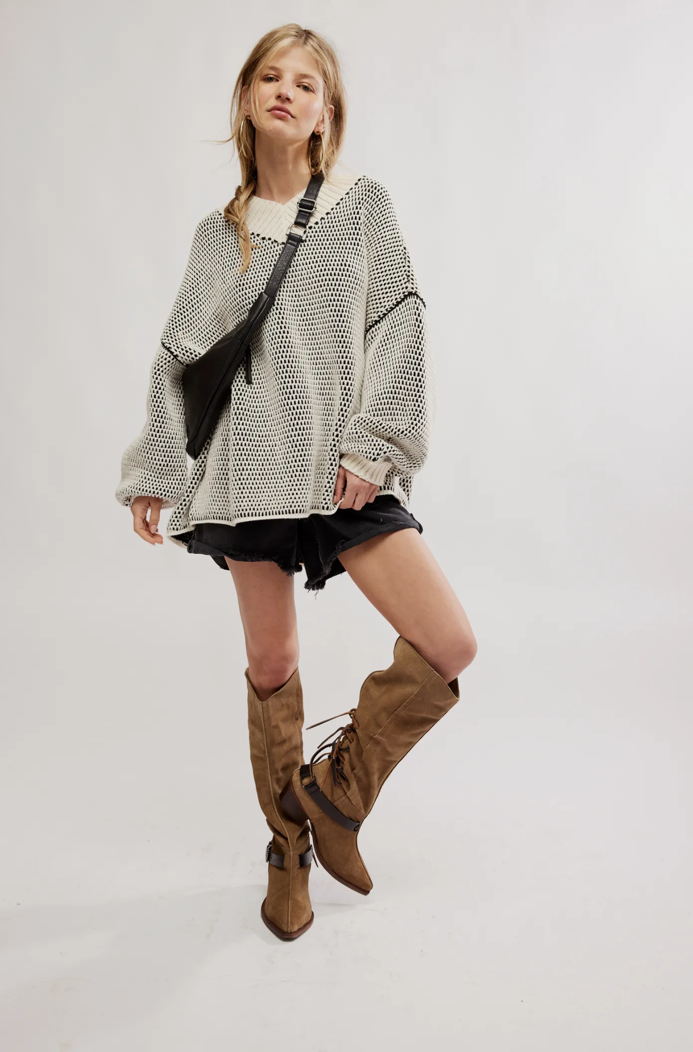 Free People Maisie Knit Oversized Sweater in Ivory Black