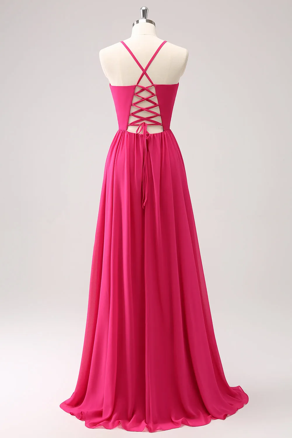 Fuchsia A Line Slit Bridesmaid Dress with Lace-up Back