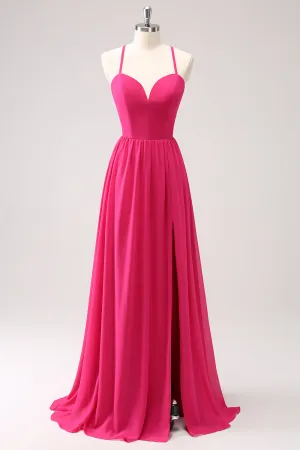 Fuchsia A Line Slit Bridesmaid Dress with Lace-up Back