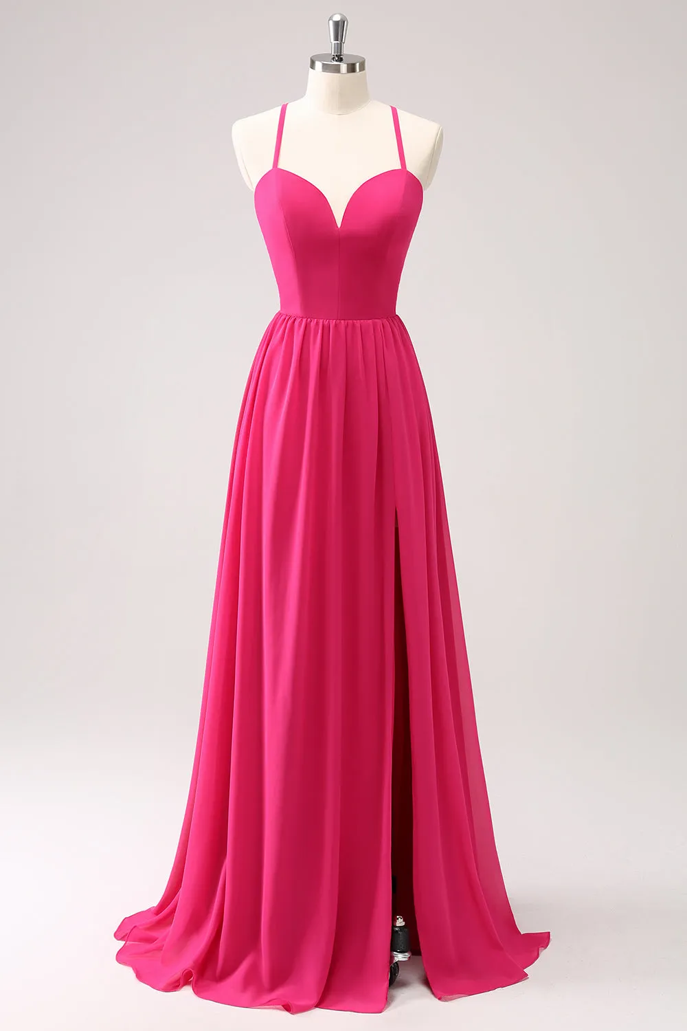 Fuchsia A Line Slit Bridesmaid Dress with Lace-up Back