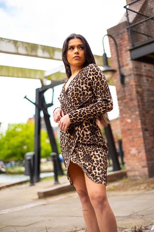 Gracie Leopard Print Pleated Wrap Dress