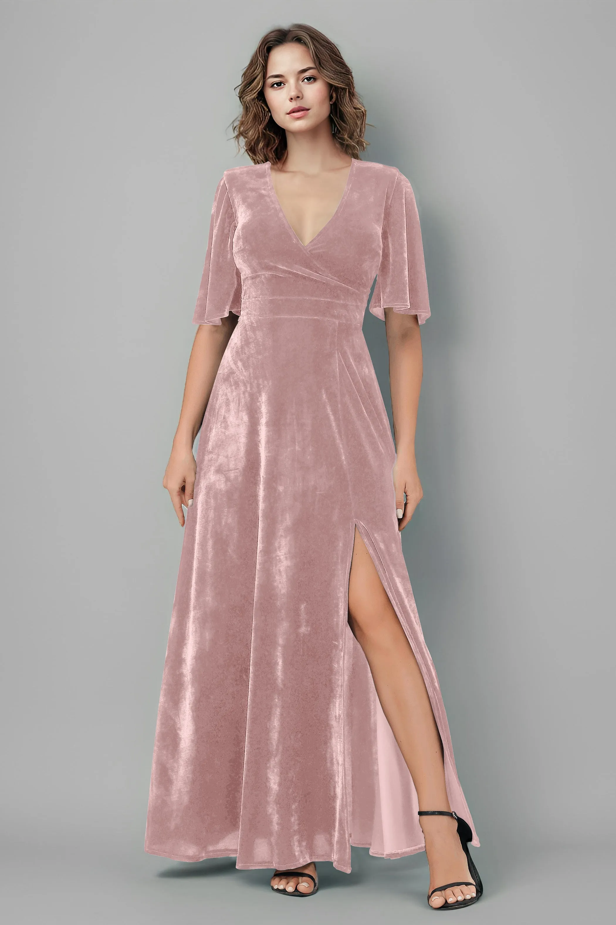 Half Sleeves Velvet A-Line V-Neck Bridesmaid Dresses with Slit