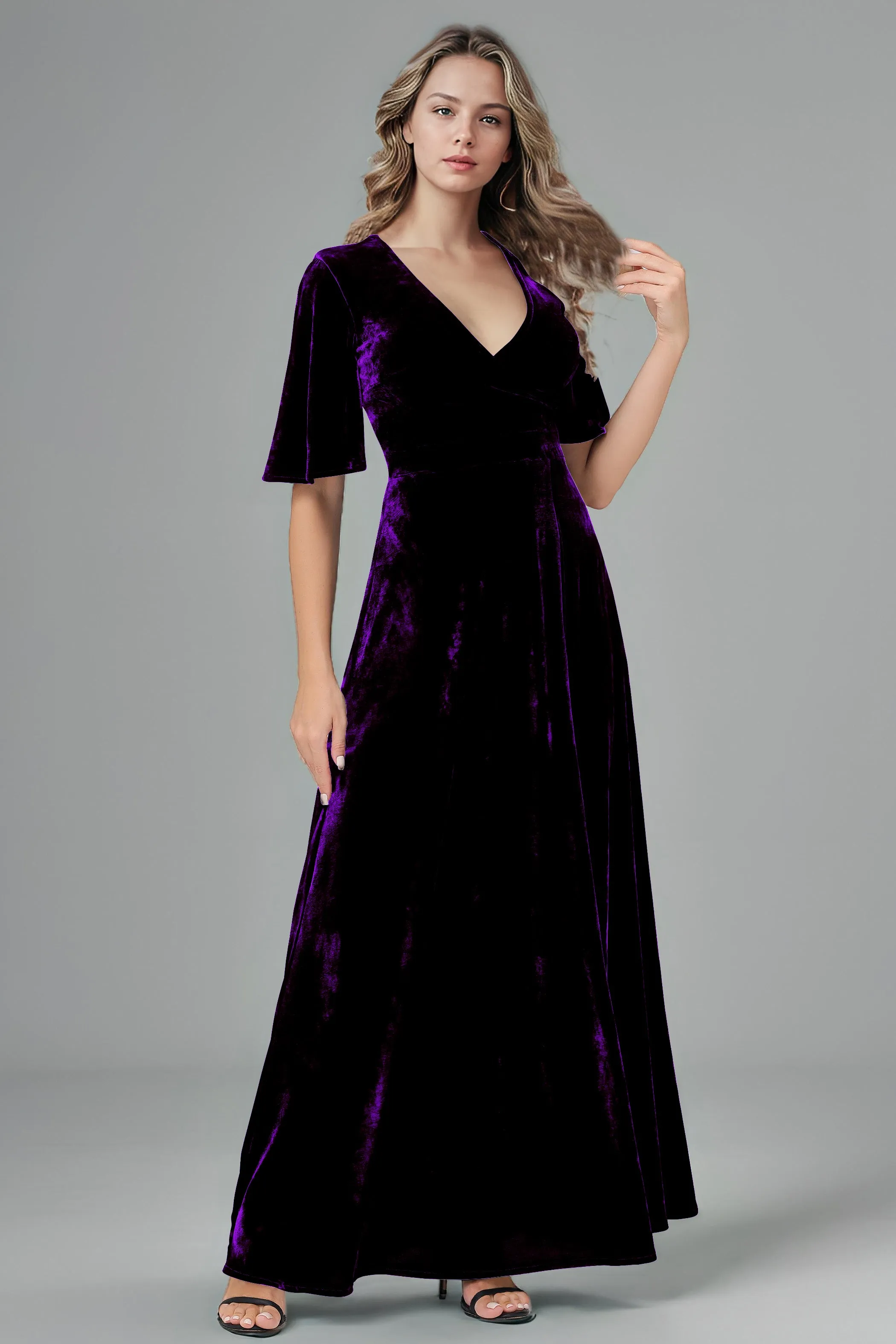 Half Sleeves Velvet A-Line V-Neck Bridesmaid Dresses with Slit