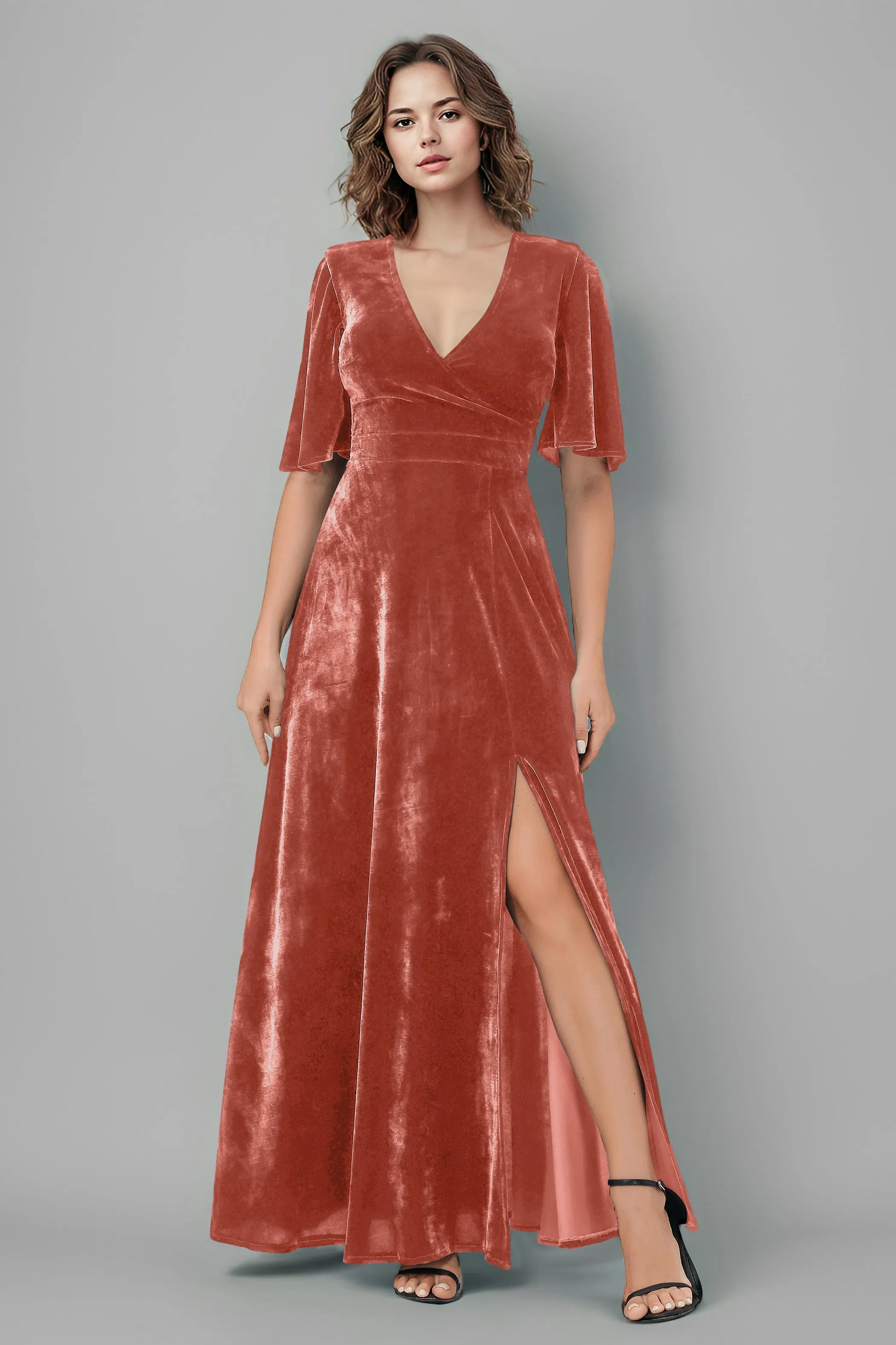 Half Sleeves Velvet A-Line V-Neck Bridesmaid Dresses with Slit