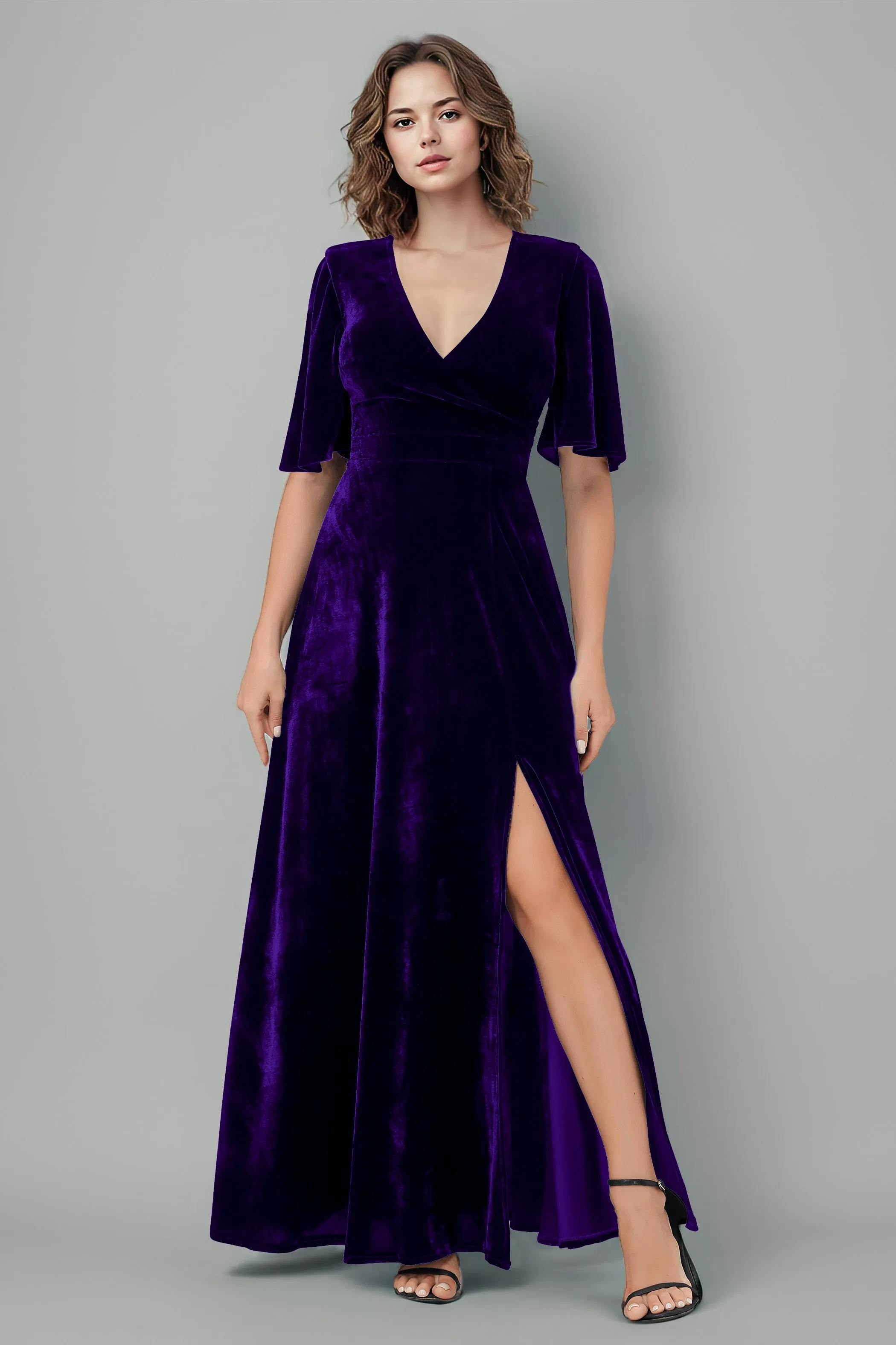 Half Sleeves Velvet A-Line V-Neck Bridesmaid Dresses with Slit