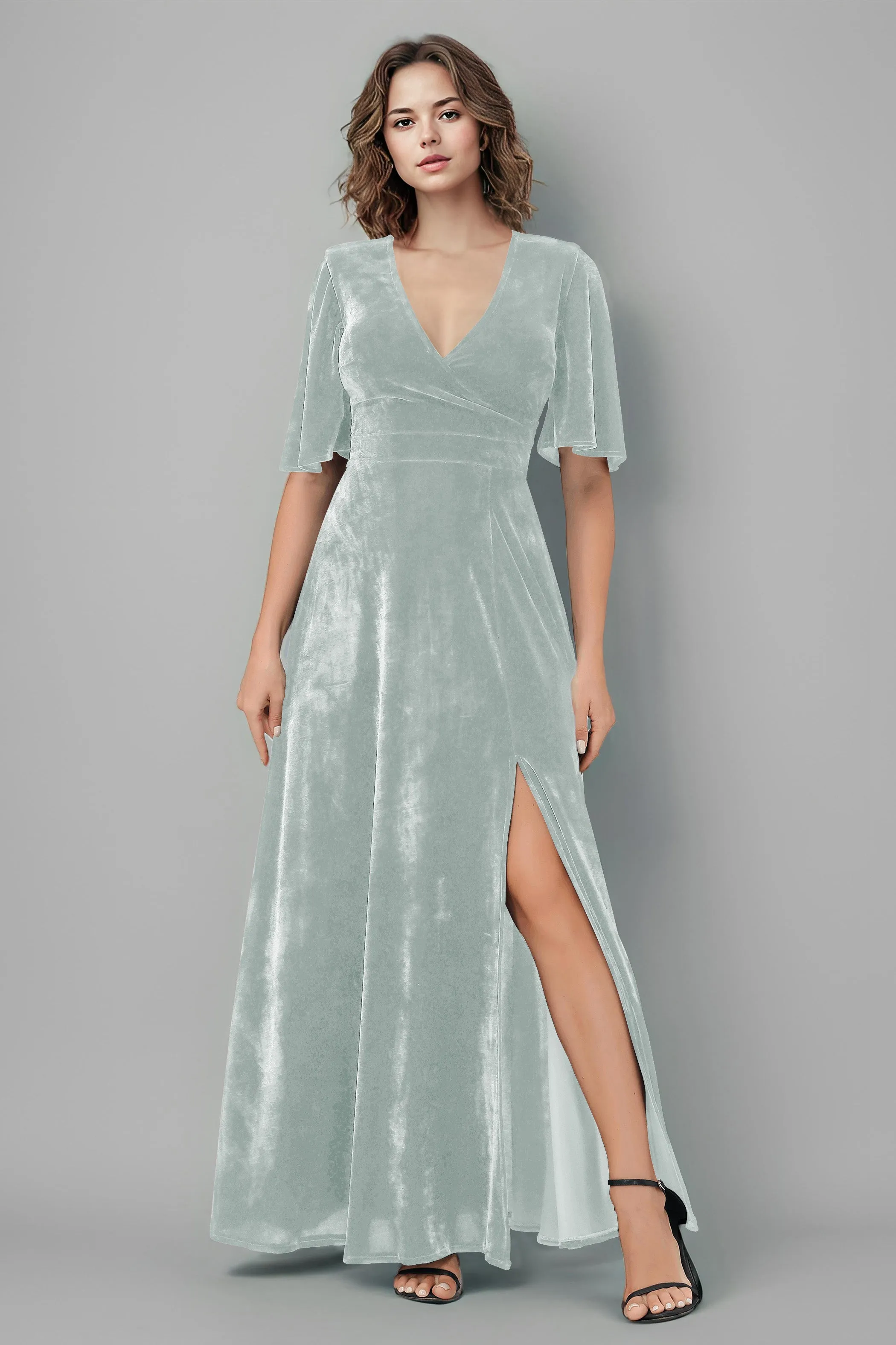 Half Sleeves Velvet A-Line V-Neck Bridesmaid Dresses with Slit