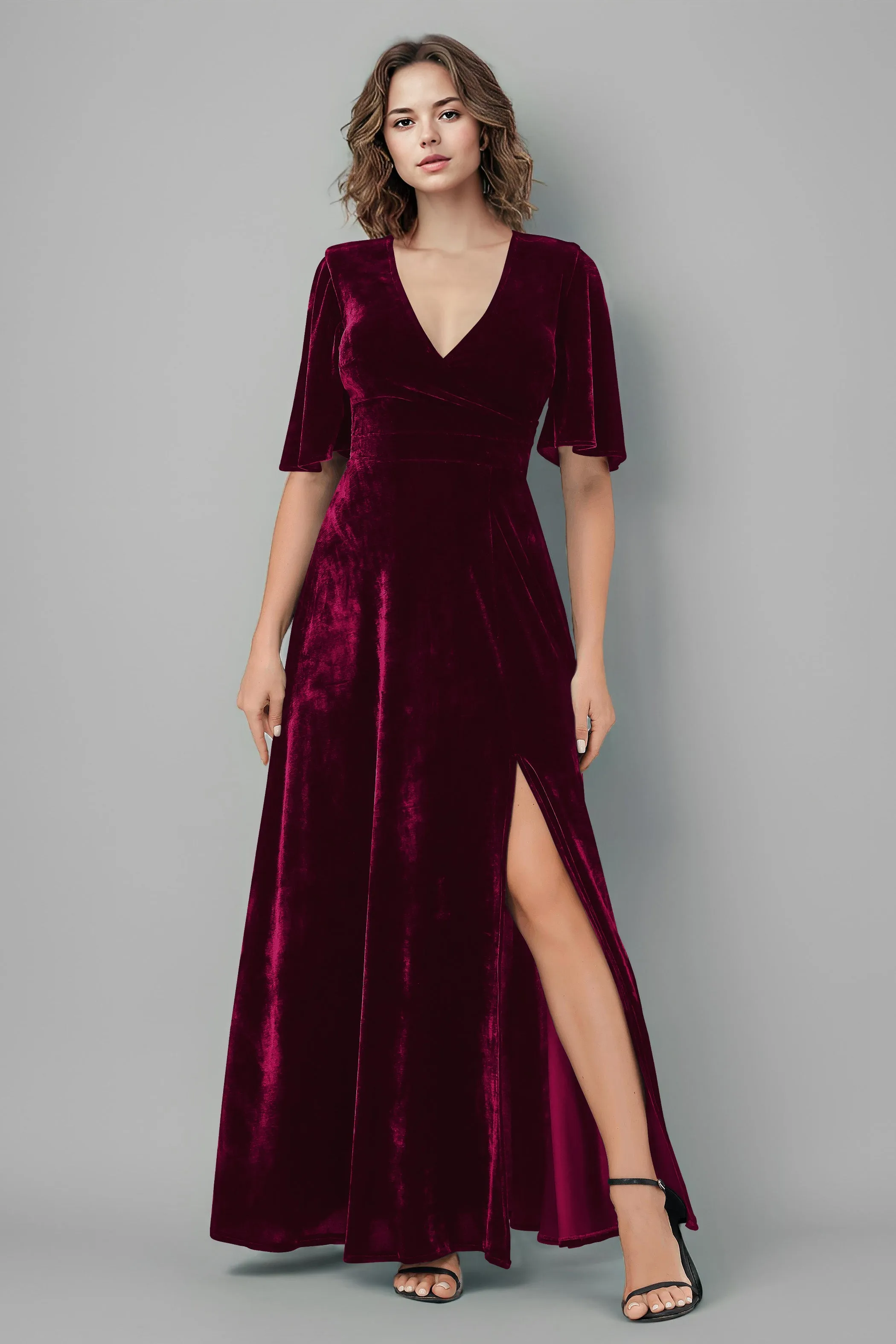 Half Sleeves Velvet A-Line V-Neck Bridesmaid Dresses with Slit