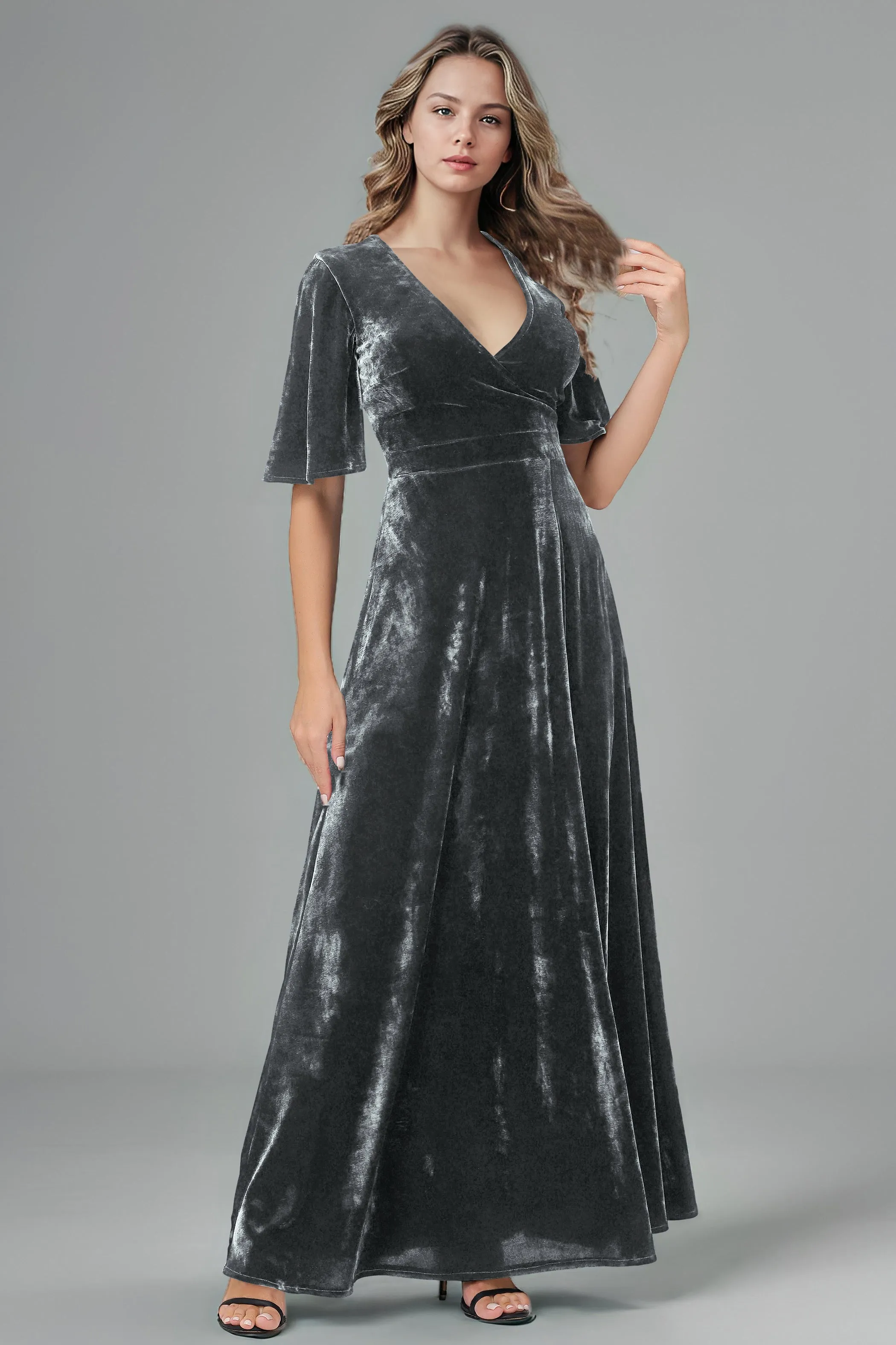 Half Sleeves Velvet A-Line V-Neck Bridesmaid Dresses with Slit