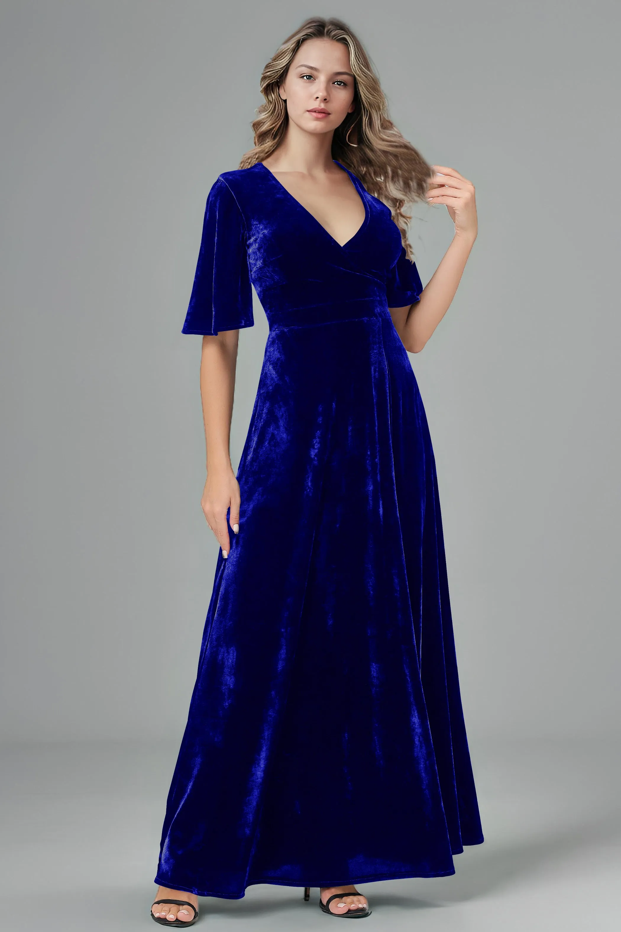 Half Sleeves Velvet A-Line V-Neck Bridesmaid Dresses with Slit