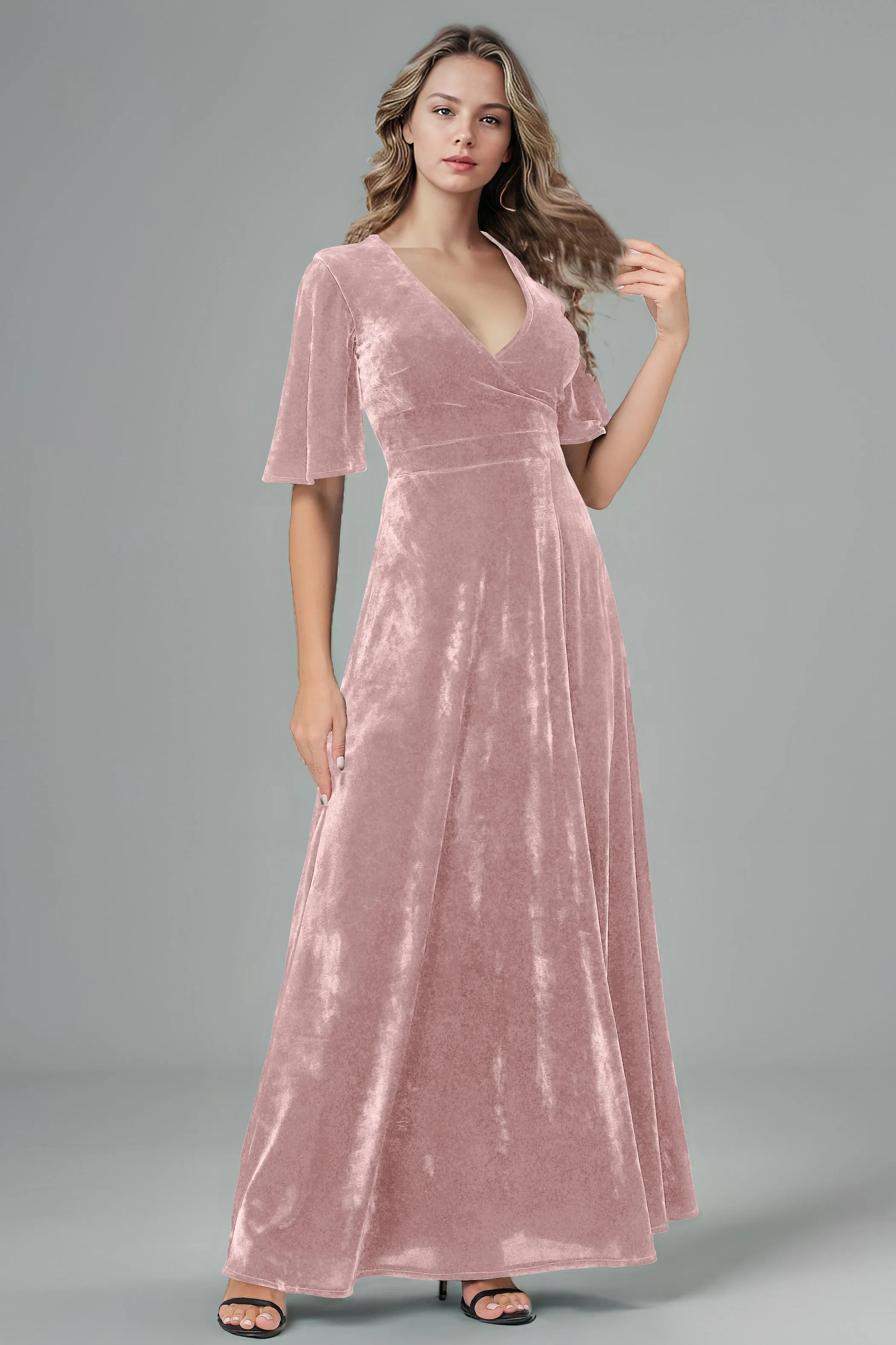 Half Sleeves Velvet A-Line V-Neck Bridesmaid Dresses with Slit