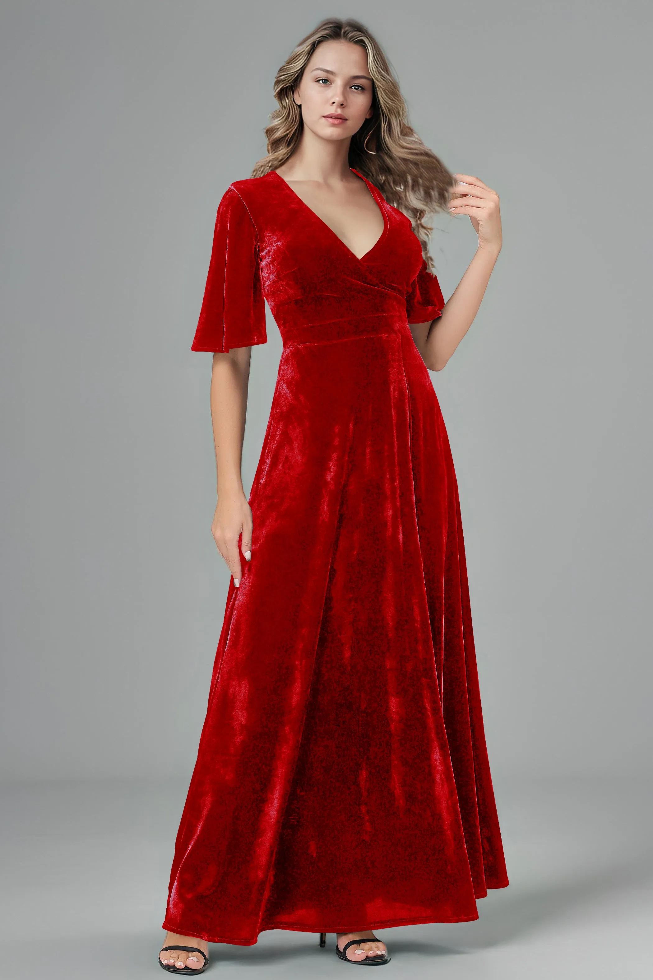 Half Sleeves Velvet A-Line V-Neck Bridesmaid Dresses with Slit