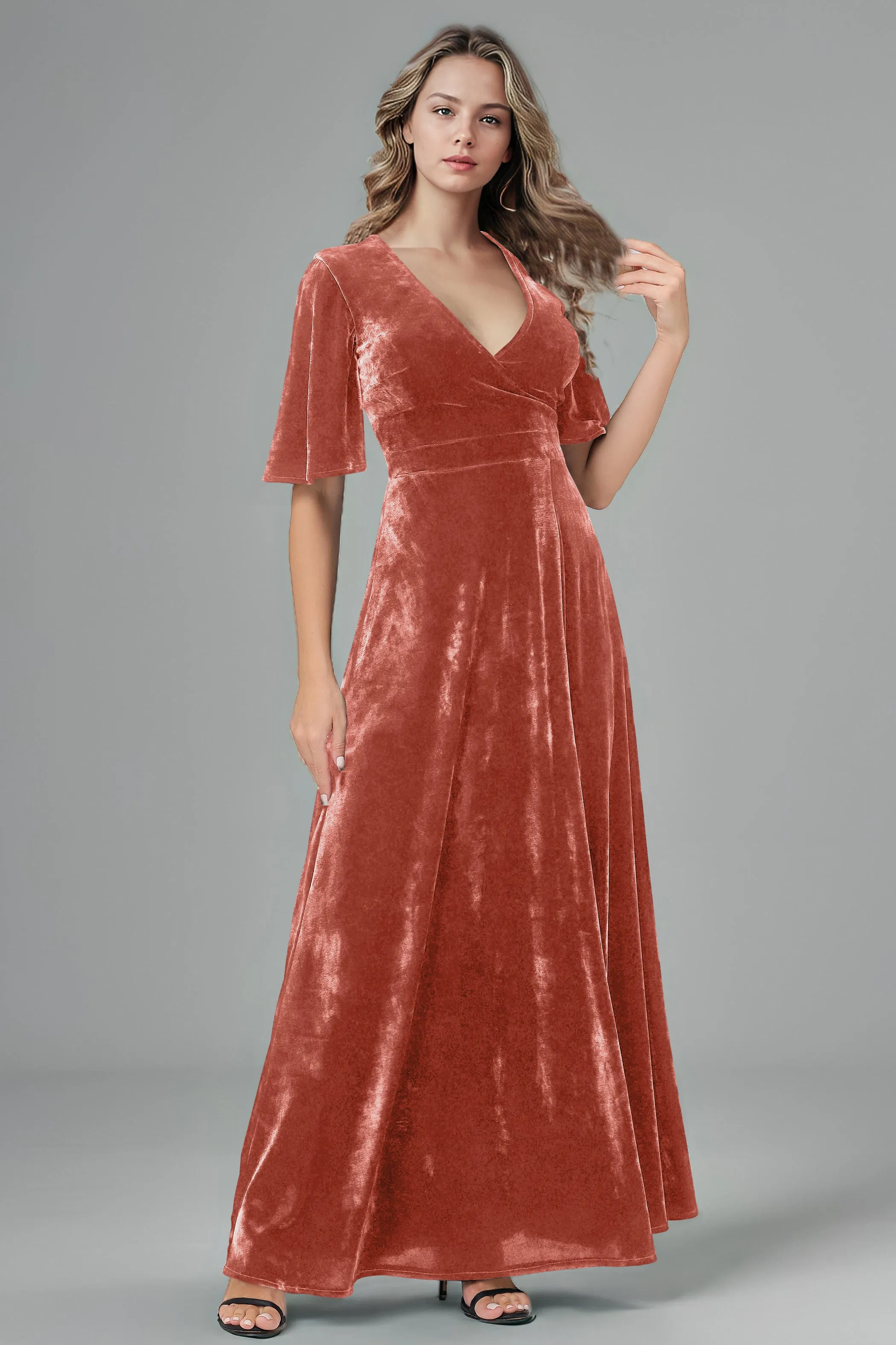 Half Sleeves Velvet A-Line V-Neck Bridesmaid Dresses with Slit