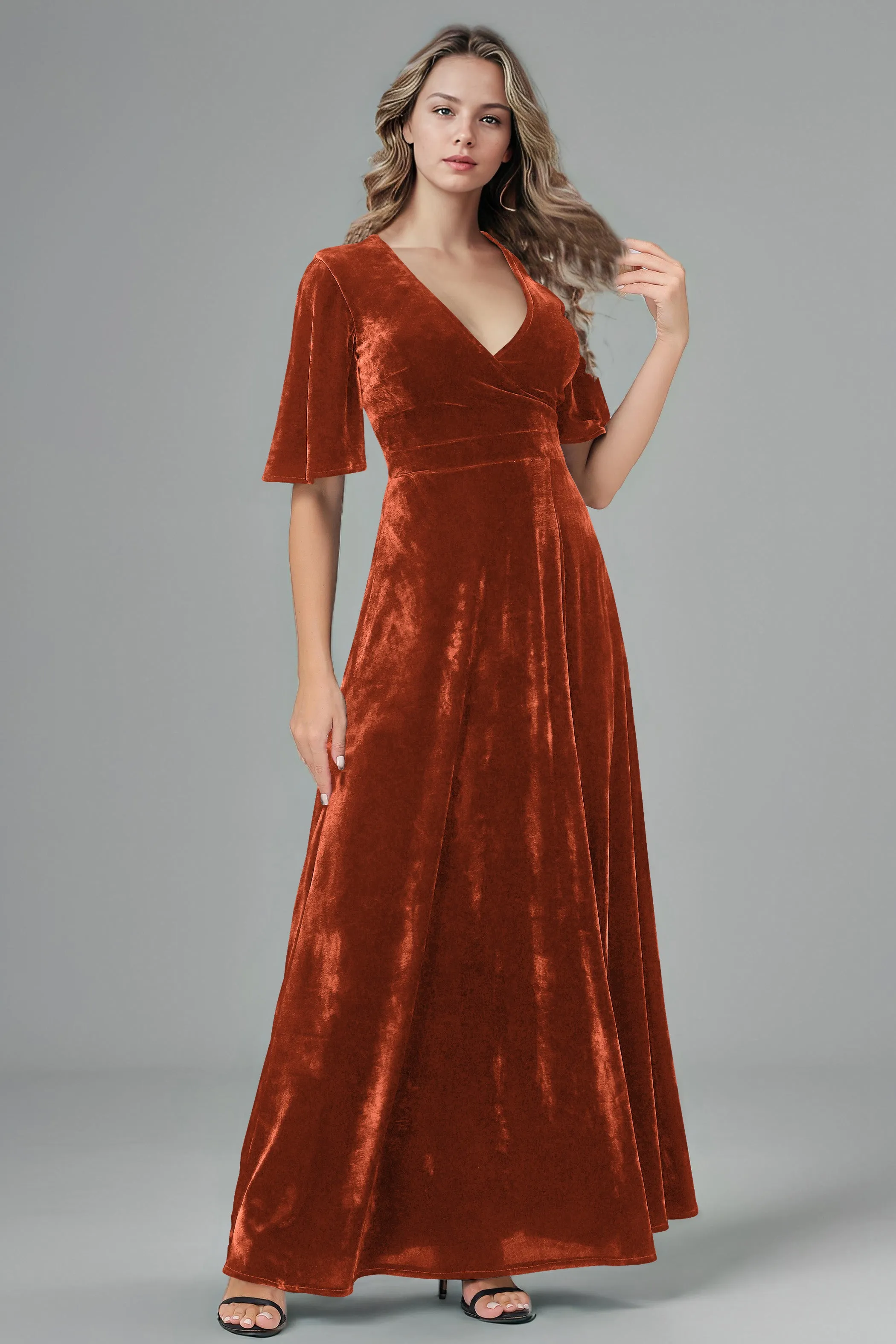 Half Sleeves Velvet A-Line V-Neck Bridesmaid Dresses with Slit