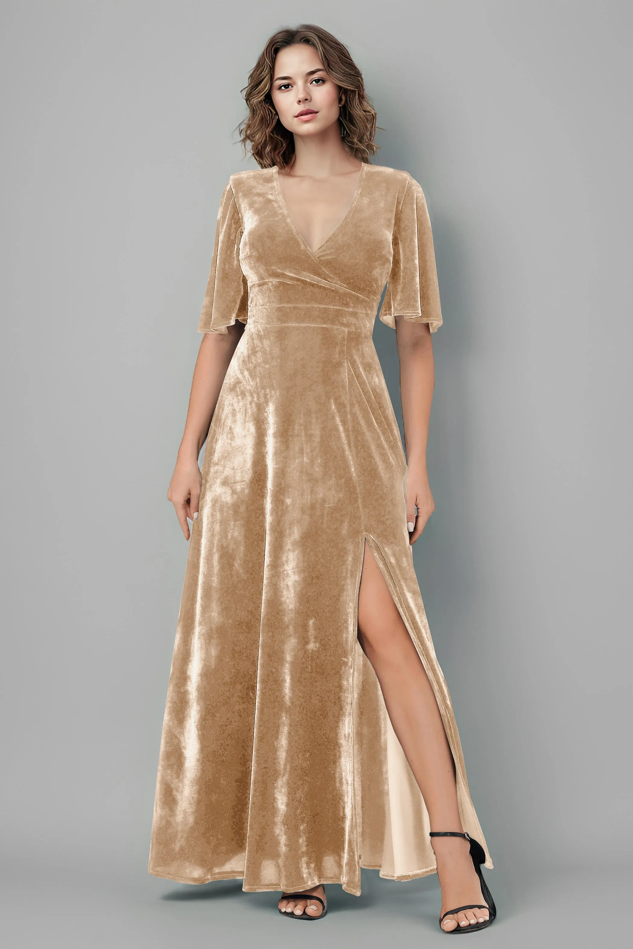 Half Sleeves Velvet A-Line V-Neck Bridesmaid Dresses with Slit