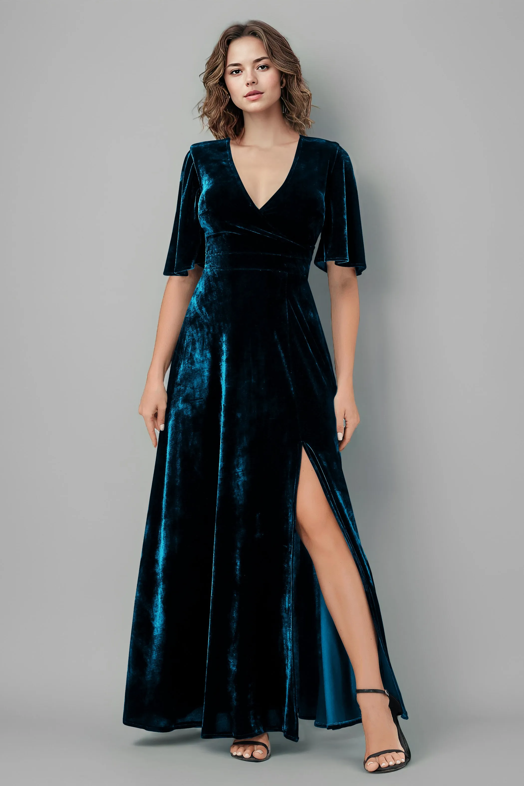 Half Sleeves Velvet A-Line V-Neck Bridesmaid Dresses with Slit