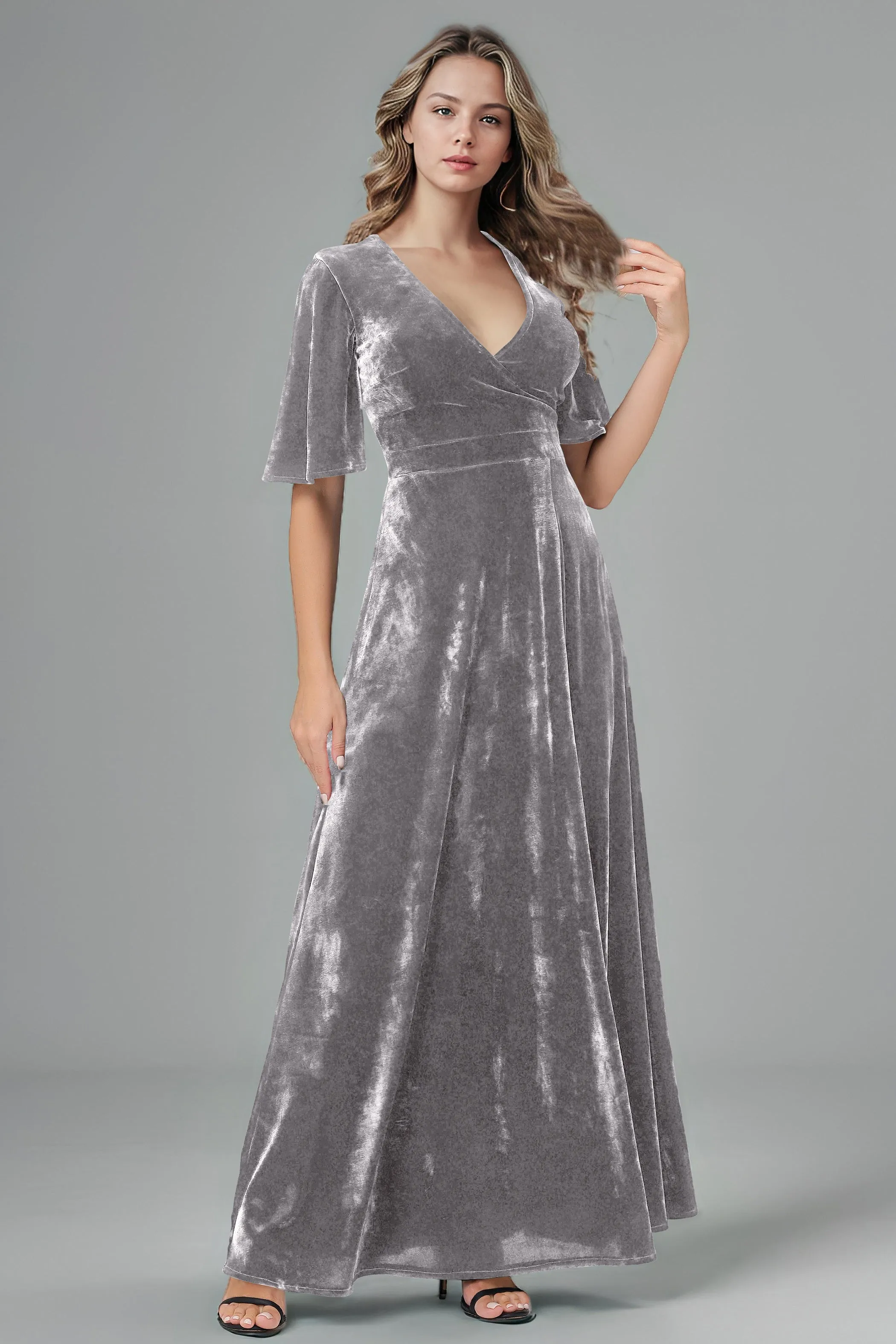 Half Sleeves Velvet A-Line V-Neck Bridesmaid Dresses with Slit