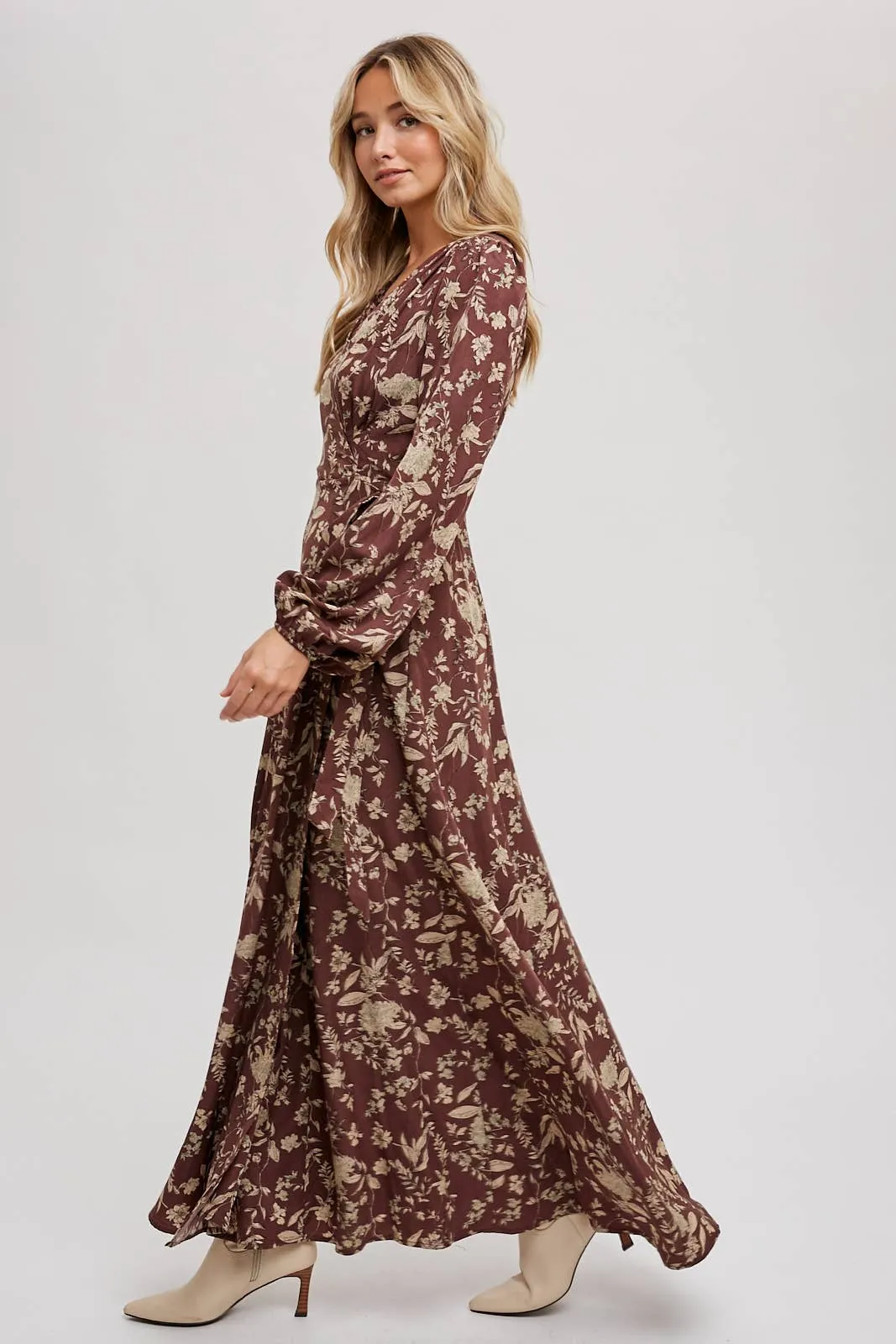 Hazelnut Floral Print Wrap Maxi Dress