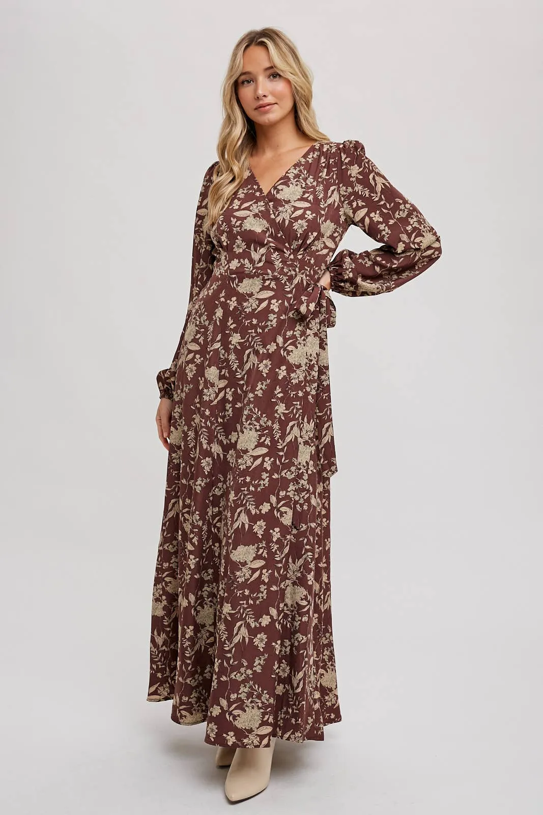 Hazelnut Floral Print Wrap Maxi Dress