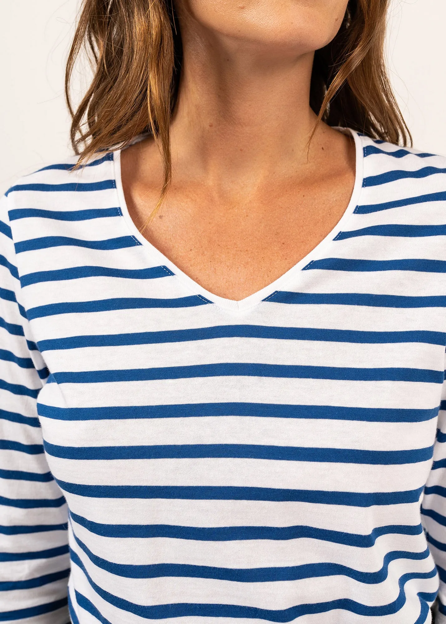 Hoedic V neck sailor striped shirt - long sleeves, in cotton (NEIGE/GITANE)