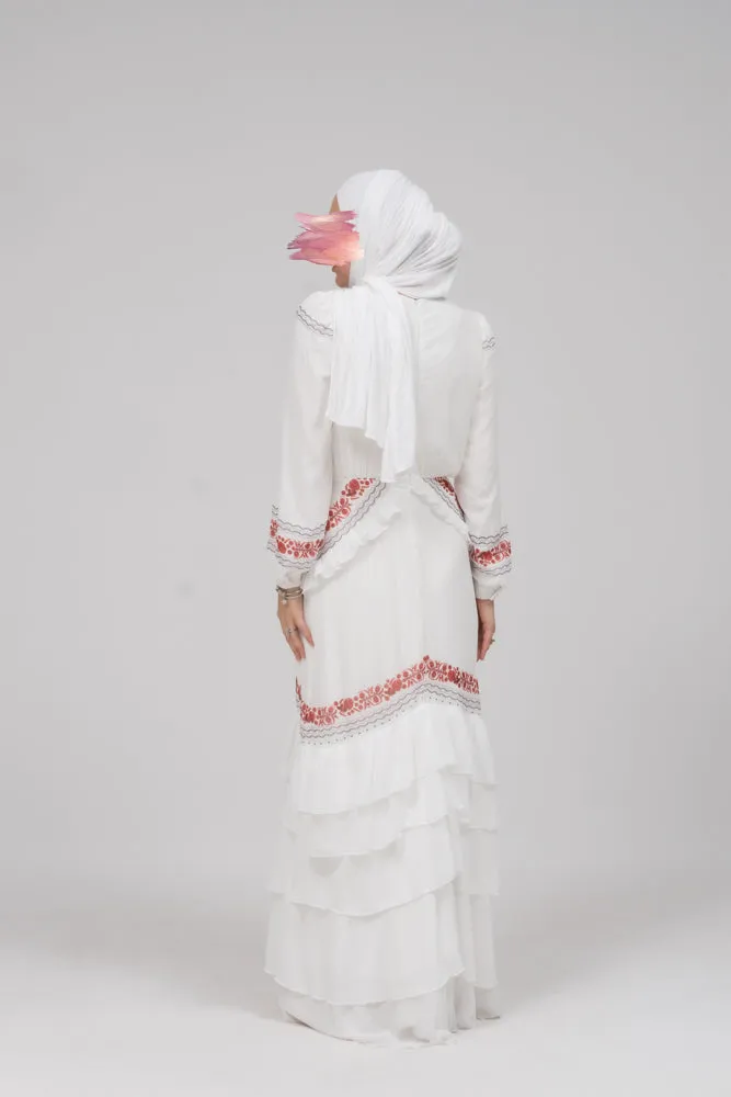 In Style chiffon long sleeve maxi dress with frills in tatreez print ecru white