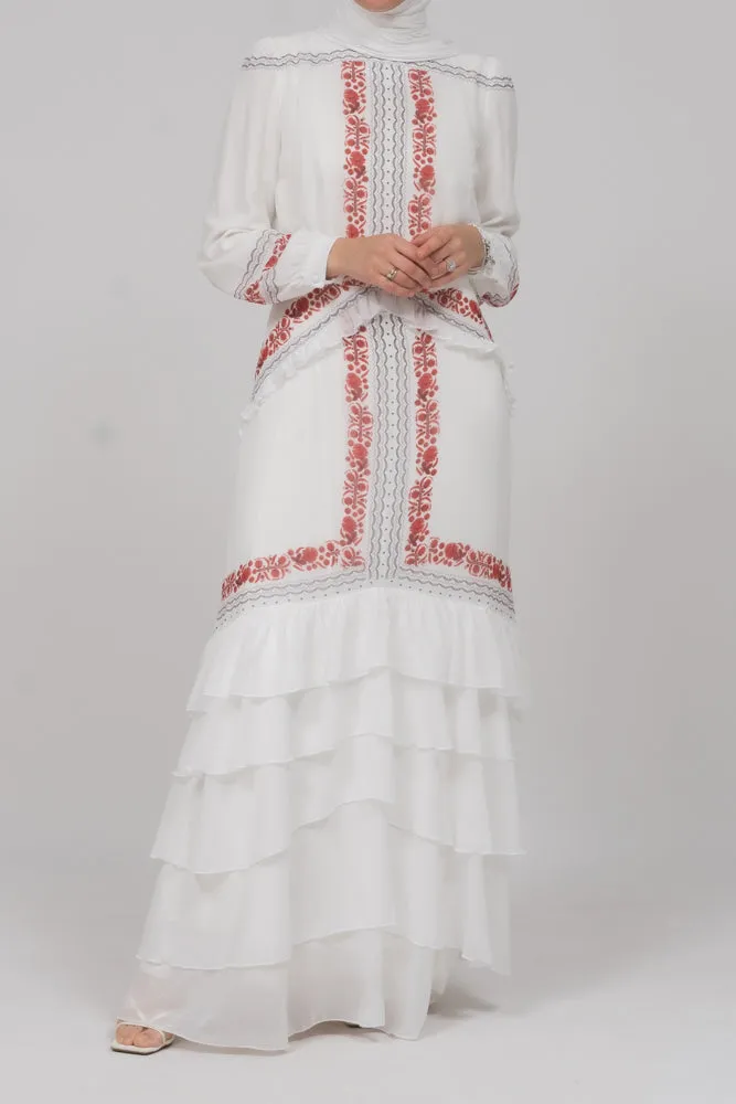 In Style chiffon long sleeve maxi dress with frills in tatreez print ecru white