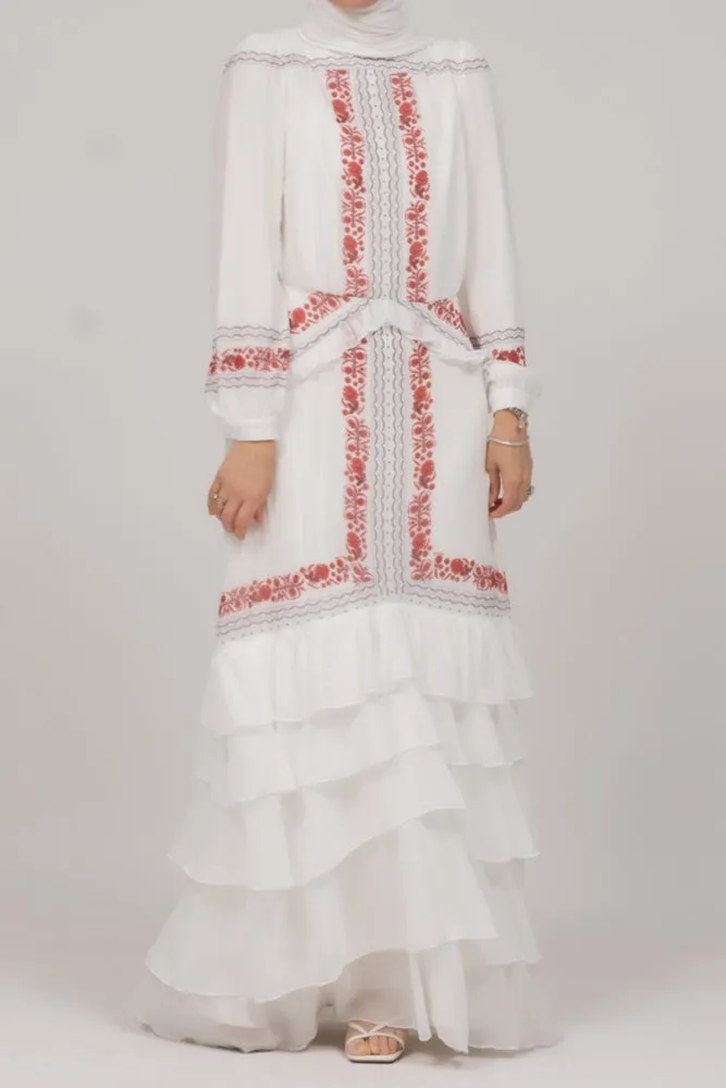 In Style chiffon long sleeve maxi dress with frills in tatreez print ecru white