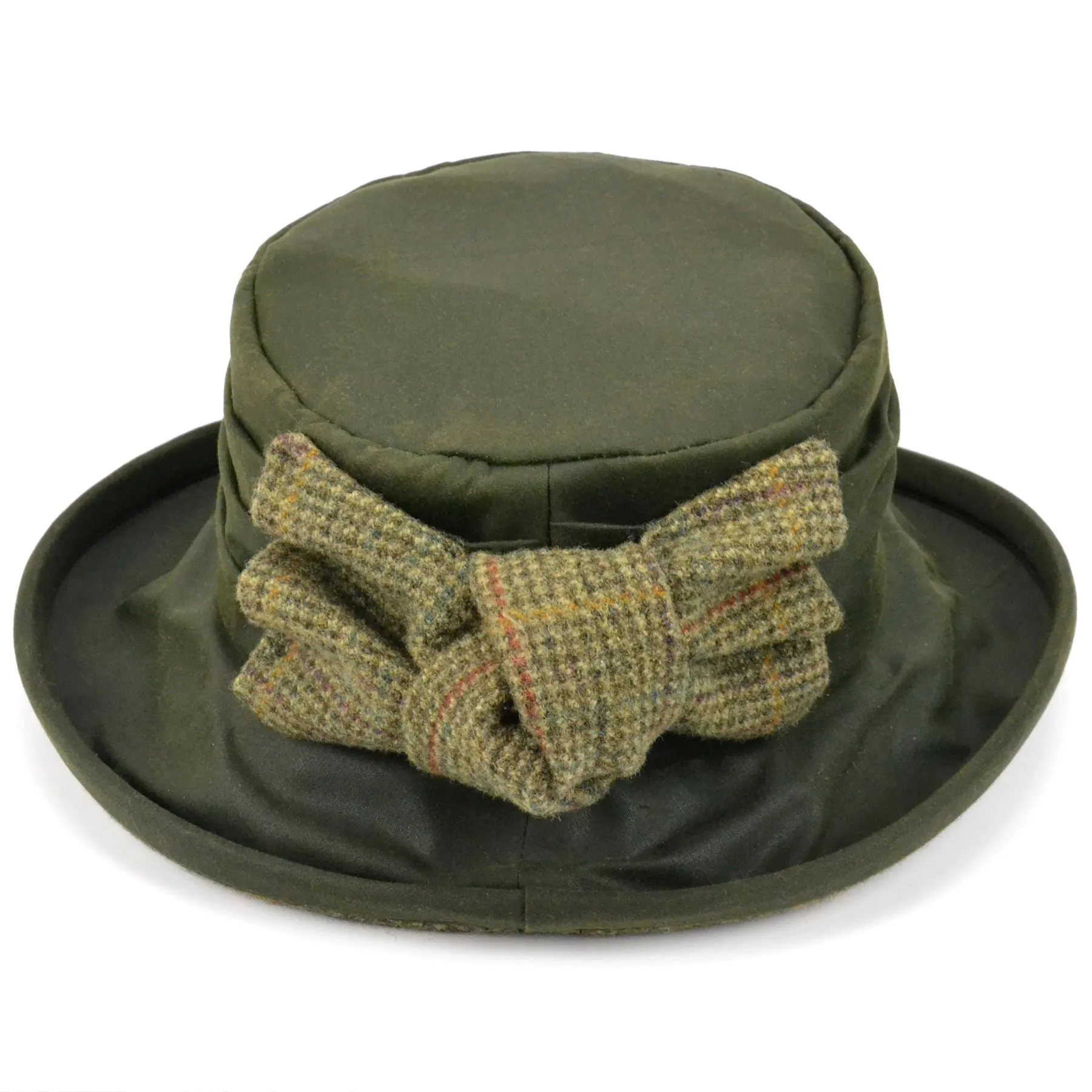 Ladies Wax Hat with Tweed Bow - Olive