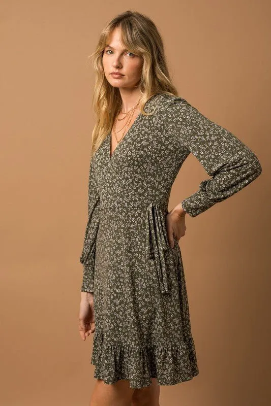 Long Sleeve Faux Wrap Dress