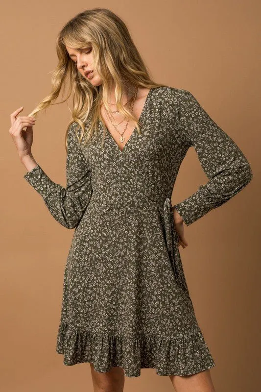 Long Sleeve Faux Wrap Dress