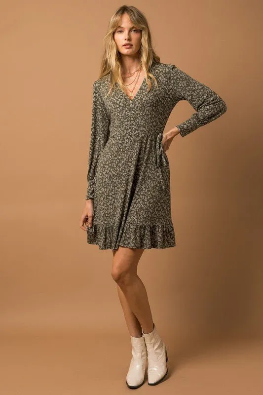 Long Sleeve Faux Wrap Dress