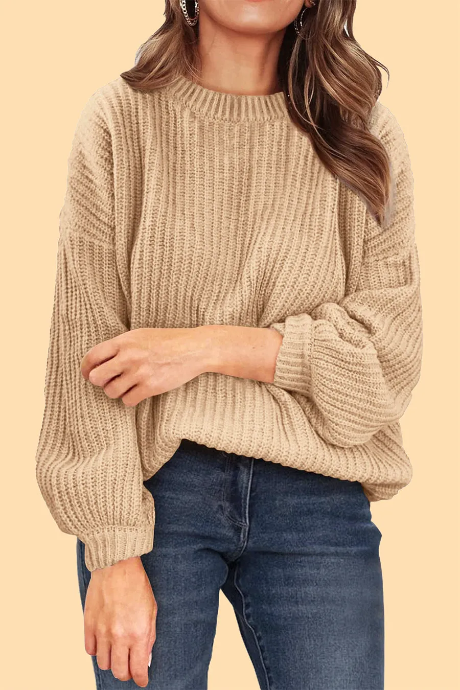 Loose Drop Shoulder Lantern Sleeve Oversized Knit Sweater