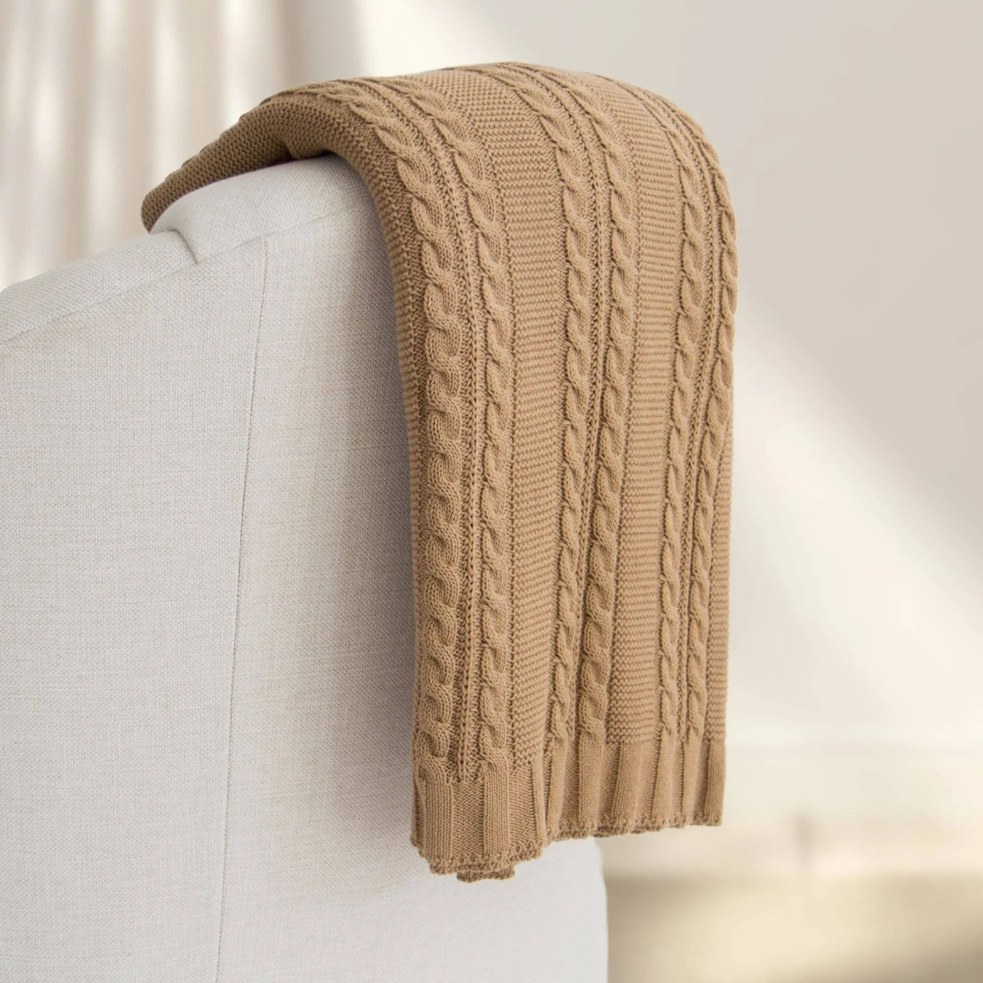 Luna Cable Knit Cotton Throw: Beige