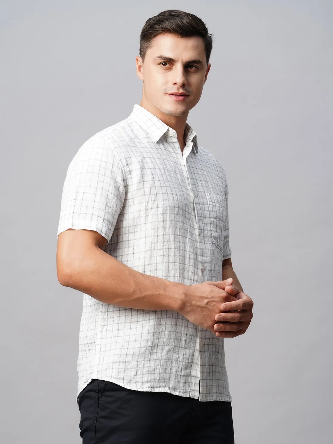 Men's 100% Linen Regular Fit White Checked Shirt