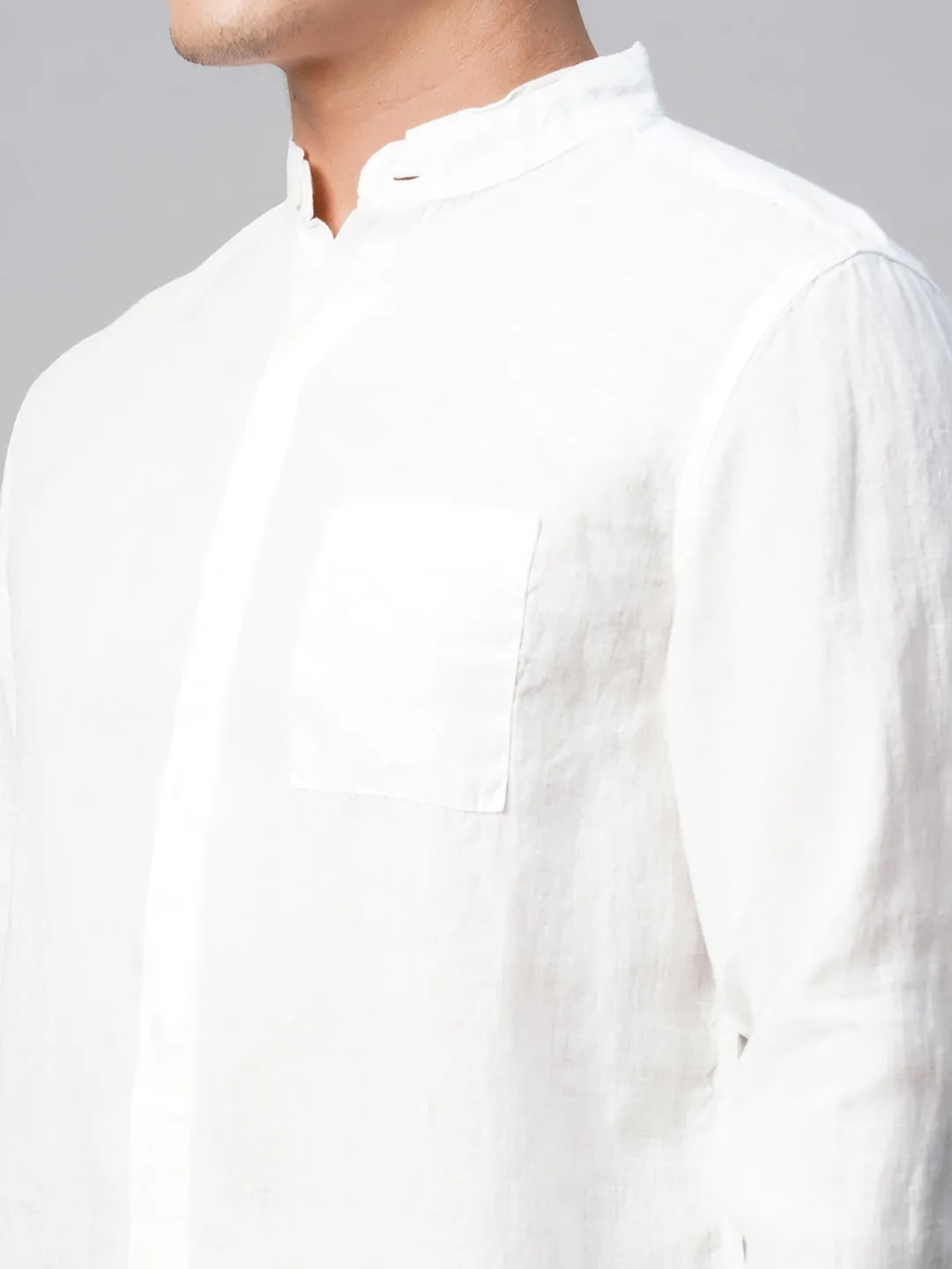 Men's 100% Linen White Band Collared Regular Fit Band Collared Shirt