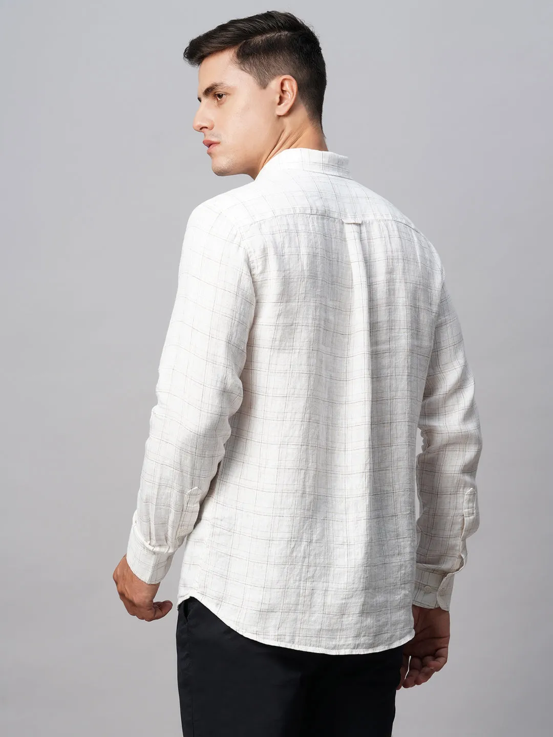 Men's 100% Linen White Regular Fit Long Sleeved Checked Shirt