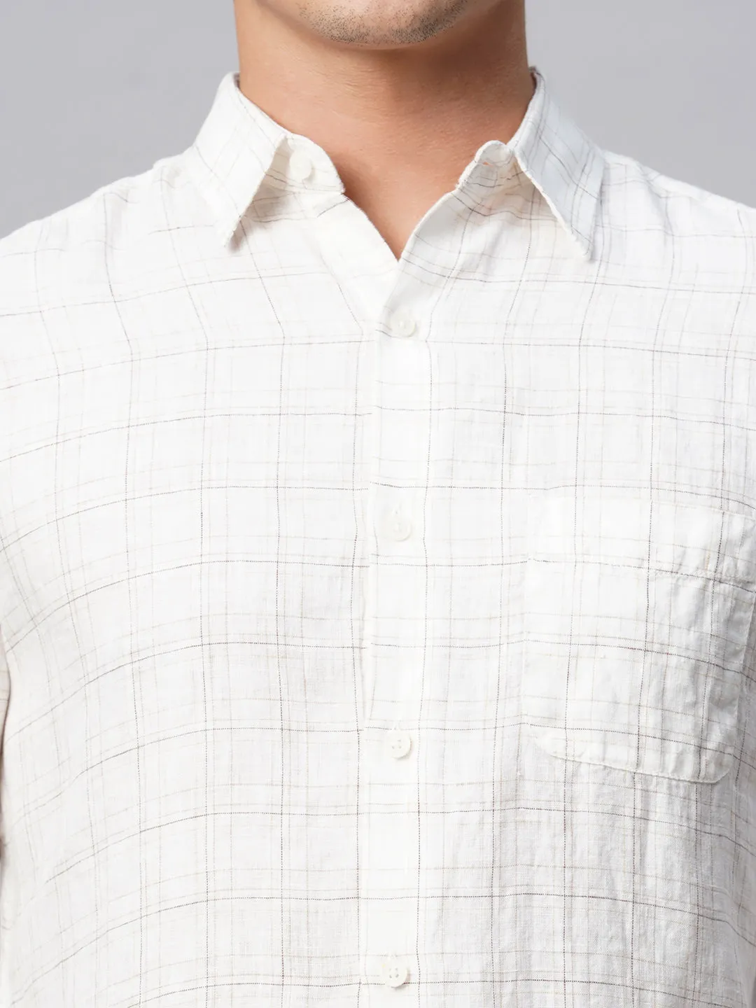 Men's 100% Linen White Regular Fit Long Sleeved Checked Shirt