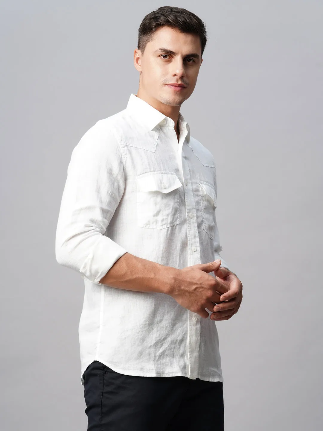 Men's 100% White Linen Regular Fit Long Sleeved Shirt