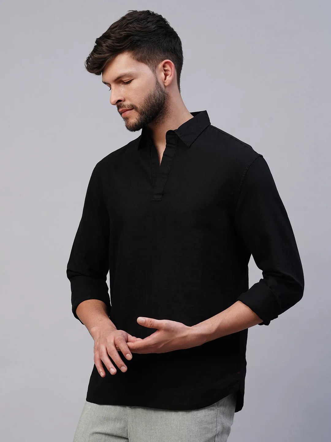 Men's Black 100% Linen Kurta Shirt