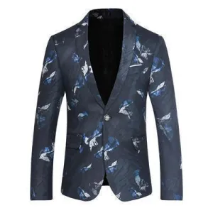 Men's Blazer One Button Blazer Blue Flowers