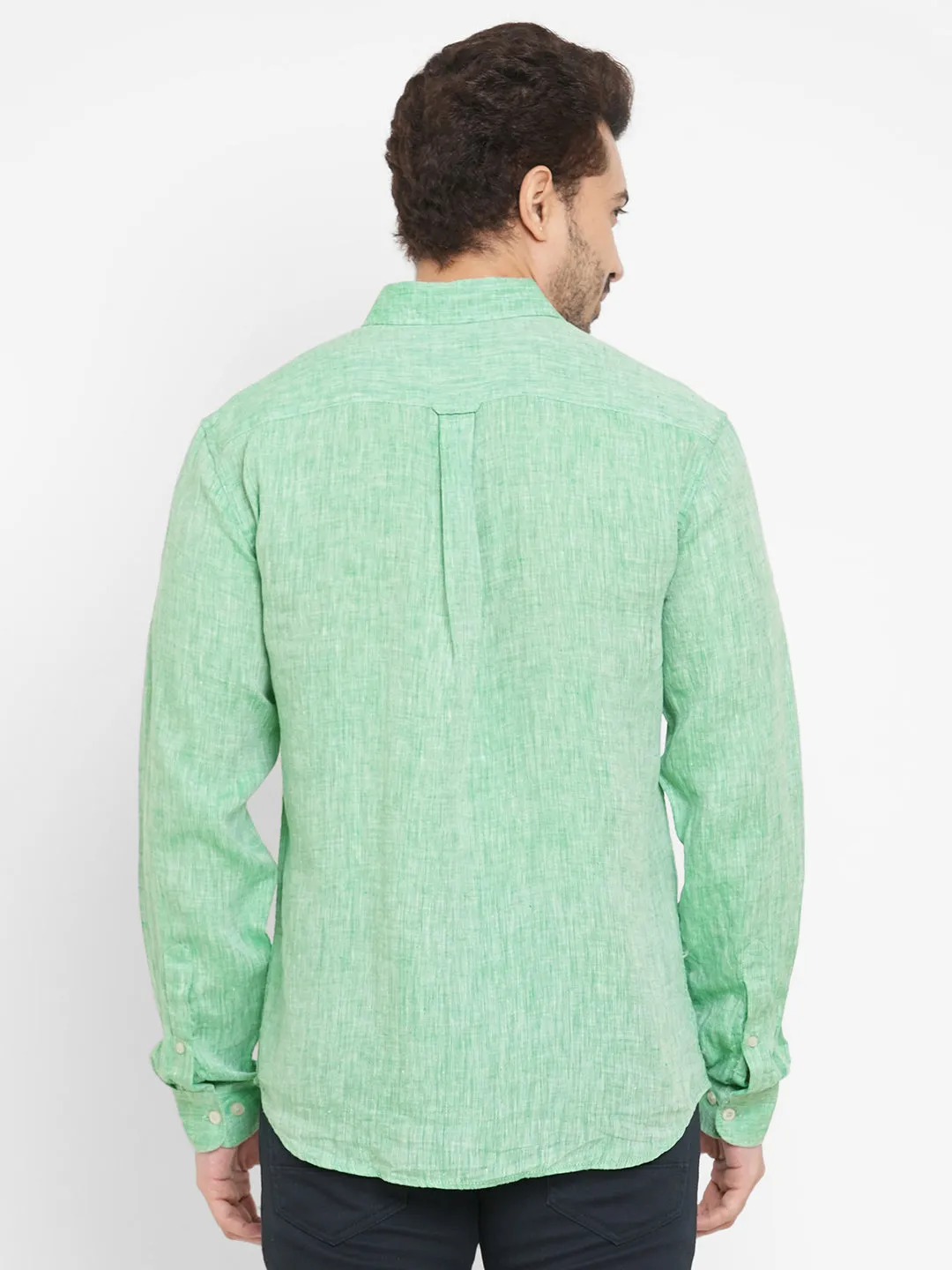 Men's Green 100% Linen Long Sleeve Regular Fit Shirt