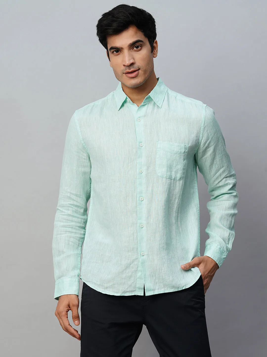 Men's Mint Green 100% Linen Regular Fit Long Sleeved Shirt