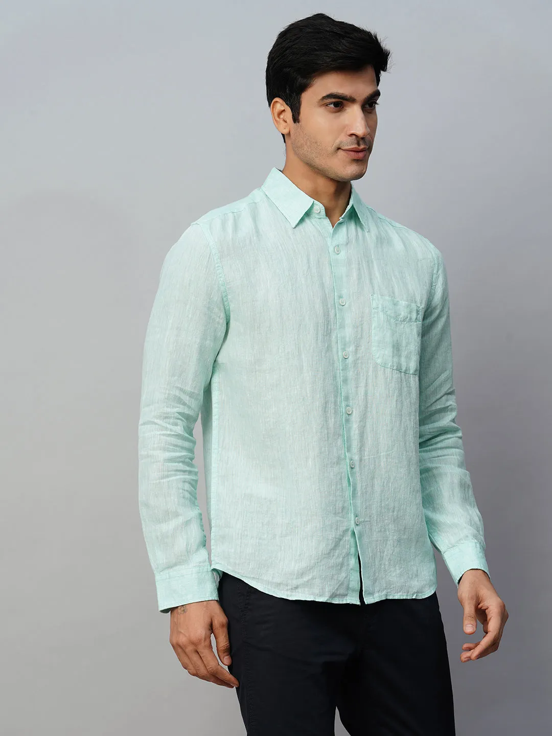 Men's Mint Green 100% Linen Regular Fit Long Sleeved Shirt