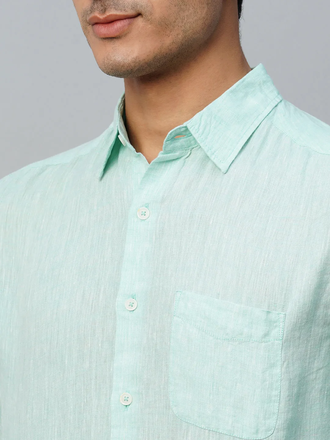 Men's Mint Green 100% Linen Regular Fit Long Sleeved Shirt