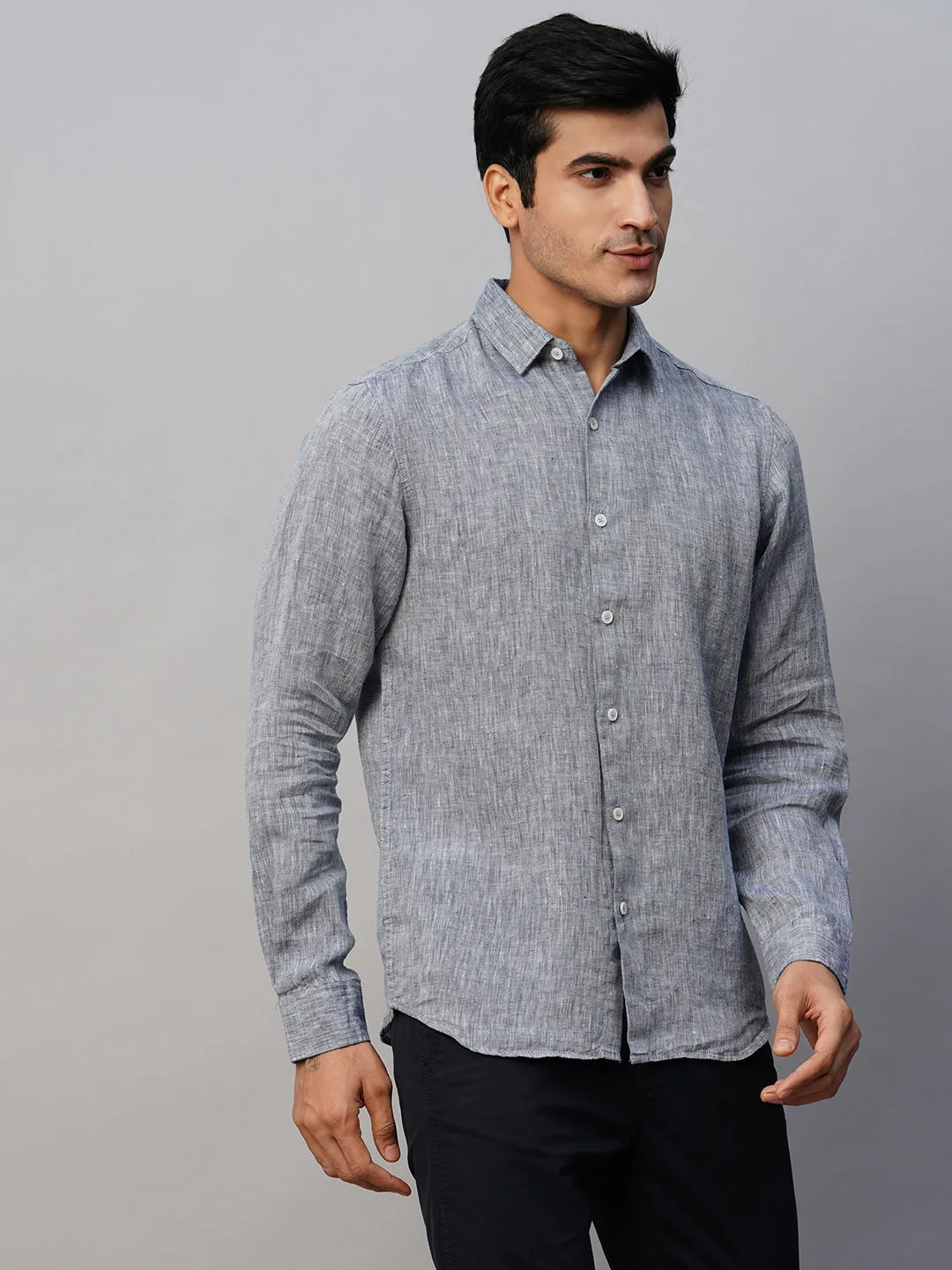 Men's Navy 100% Linen Slim Fit Long Sleeved Shirt