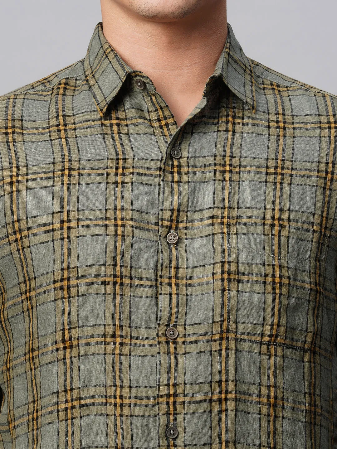 Men's Olive 100% Linen Regular Fit Checked Shirt