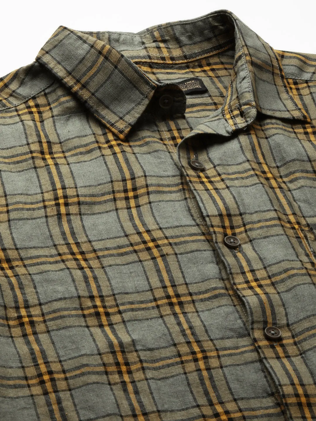 Men's Olive 100% Linen Regular Fit Checked Shirt